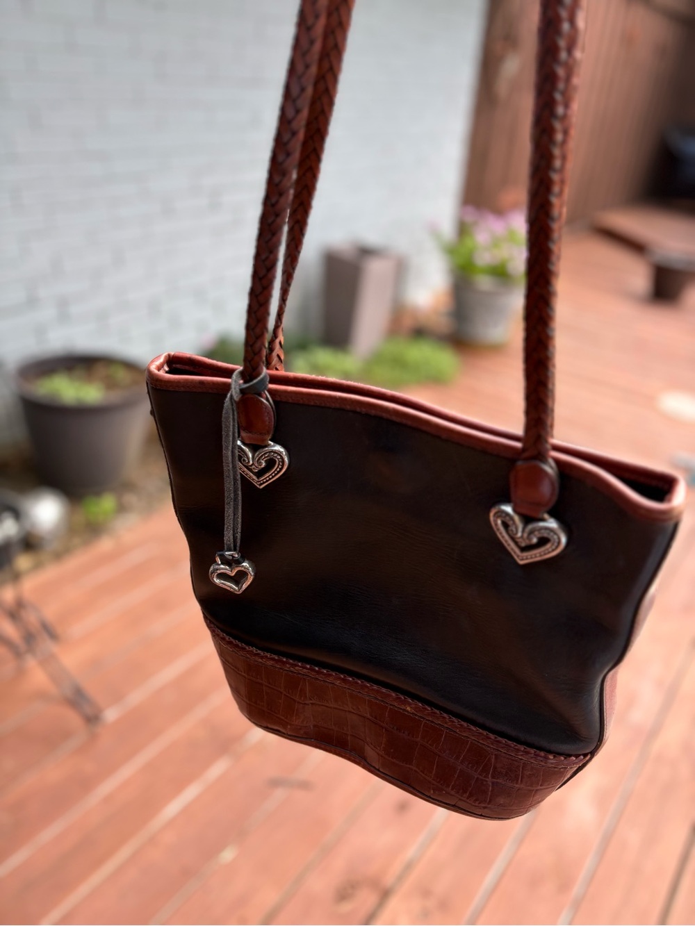 Brighton Womens Shoulder Bucket Bag Purse Leather Brown Black Croc Braid Career